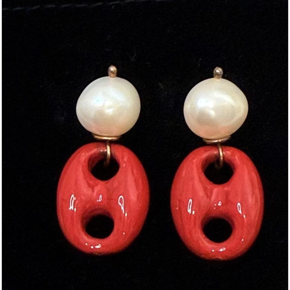 Grazia e Marica Vozza Capri Red Resin Pearl Drop Dangle Earrings Fine Italy